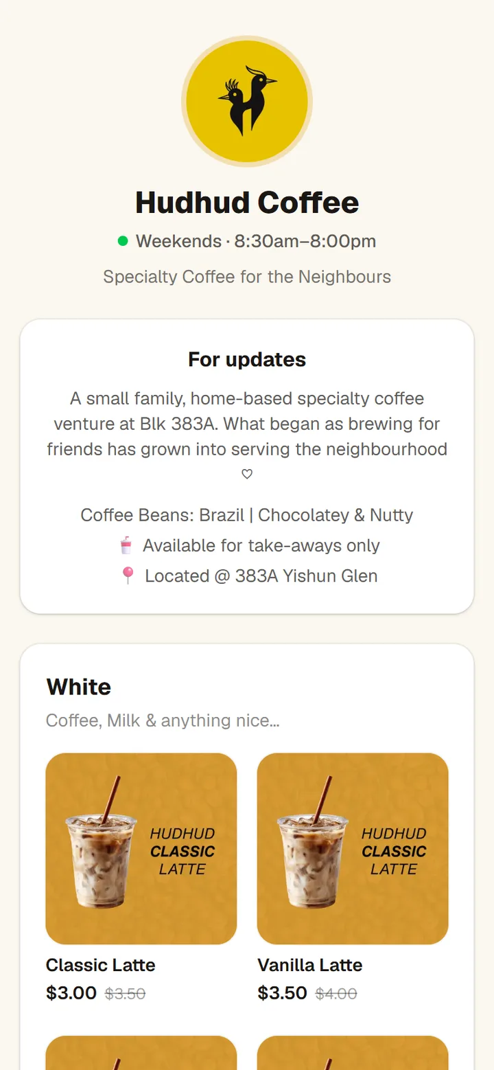The live Hudhud Coffee ordering page on a phone